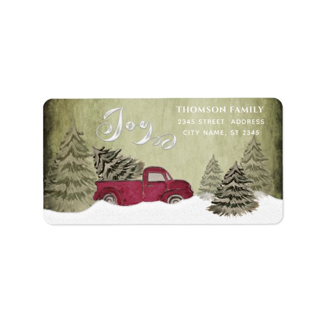 Watercolor Winter Szene roter LKW Joliday Adressaufkleber (Vorne)