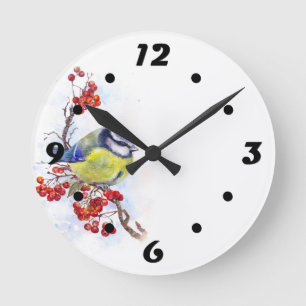 Watercolor winter titmouse bird illustration branc runde wanduhr
