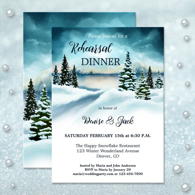 Watercolor Winter Wonderland Probe Abendessen Einladung (Winter rehearsal dinner invitation featuring a watercolor winter wonderland scene with pine trees)
