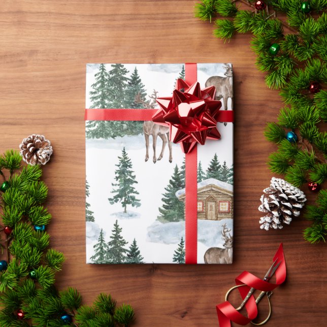 Watercolor Winter Wonderland Rustic Barn Christmas Geschenkpapier (Feiertagsgeschenk)