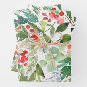 Watercolor Winterberry Holly Pattern Weihnachten Geschenkpapier Set