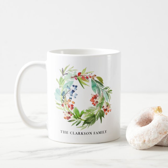 Watercolor Winterberry Holly und Junior Christmas Kaffeetasse (Mit Donut)