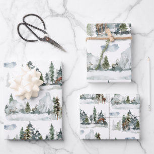 Watercolor Winterlandschaft Wald Rentiere Geschenkpapier Set