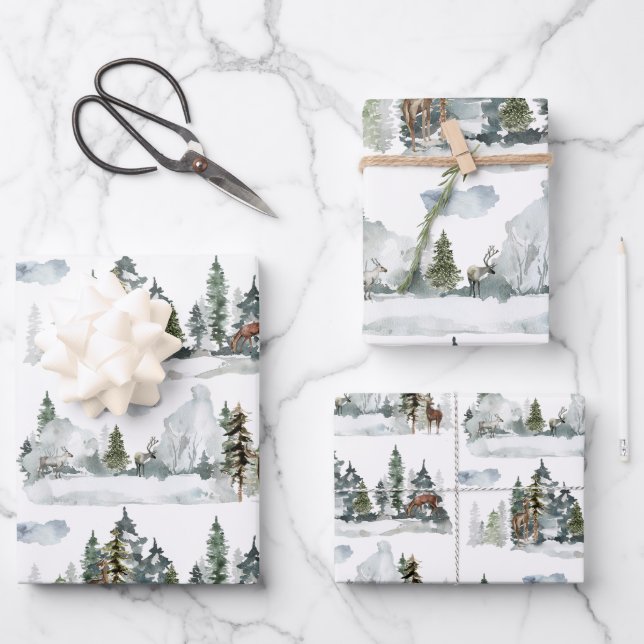 Watercolor Winterlandschaft Wald Rentiere Geschenkpapier Set (Vorderseite)