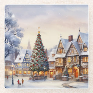 Watercolor Winterlandschaft Weihnachtsdorf Glasuntersetzer