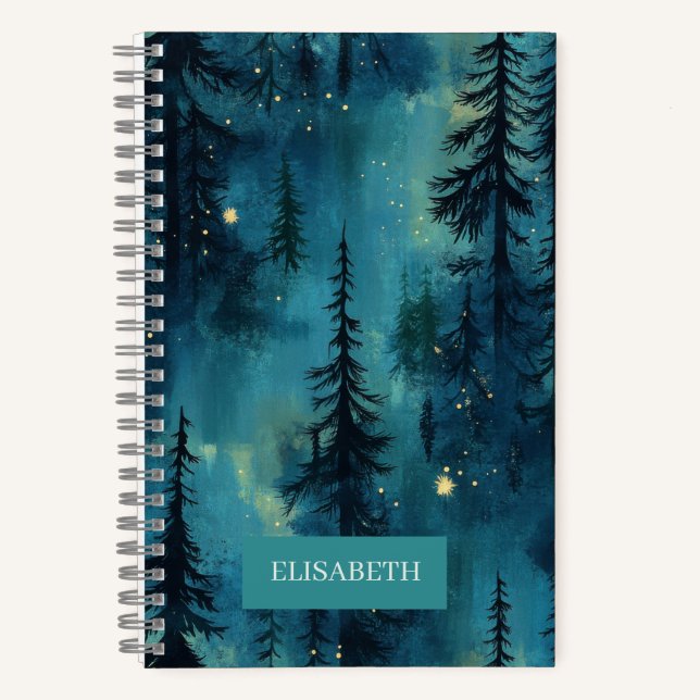 Watercolor Winternachtswald | Dein Name Notizbuch (Vorderseite)