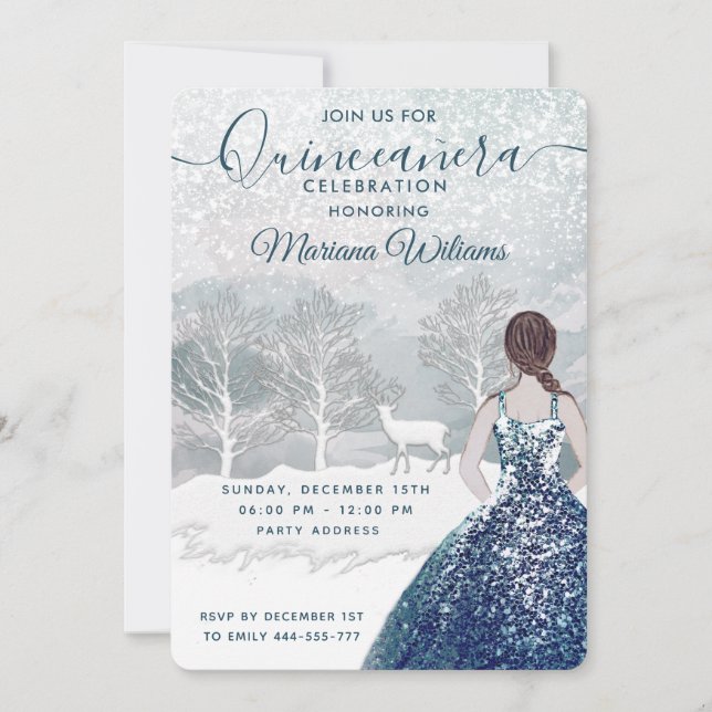 Watercolor Winterszene blaues Kleid Quinceañera Einladung (Vorderseite)