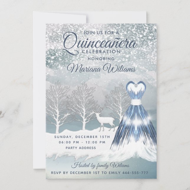 Watercolor Winterszene blaues Kleid Quinceañera Einladung (Vorderseite)
