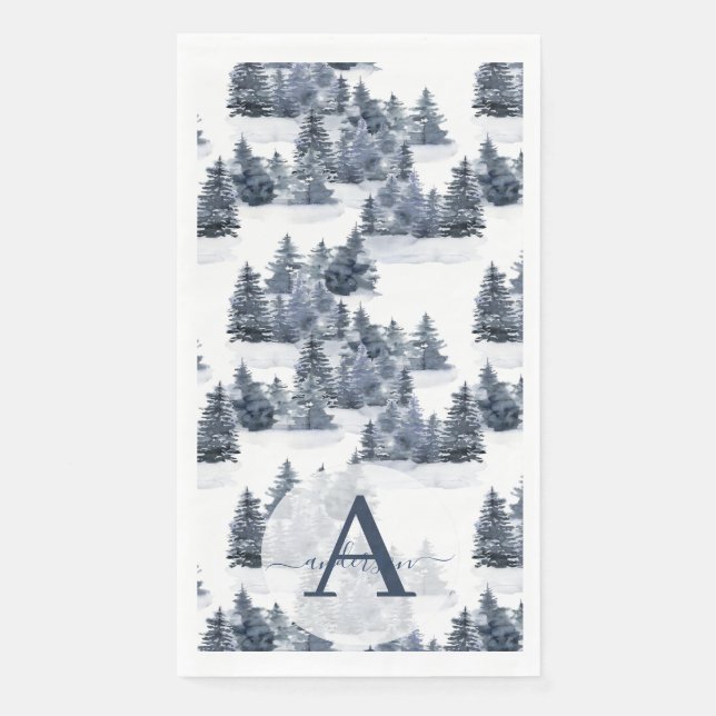 Watercolor Winterwald Mit Monogramm Weihnachten Serviette (Vorderseite)