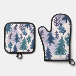 Watercolor Winterwald Nahtloses Muster Ofenhandschuh & Topflappen-Set