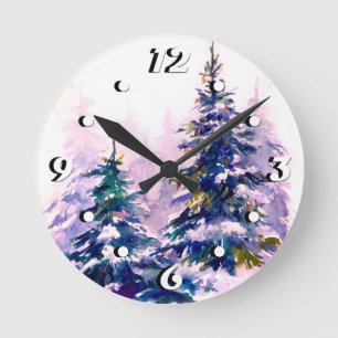 Watercolor Winterwald Weihnachtsbaum modern schlec Runde Wanduhr