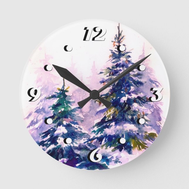 Watercolor Winterwald Weihnachtsbaum modern schlec Runde Wanduhr (Vorderseite)