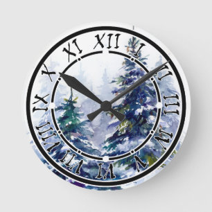 Watercolor Winterwald Weihnachtsbaum modern schlec Runde Wanduhr