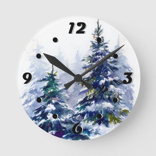Watercolor Winterwald Weihnachtsbaum Moderne schle Runde Wanduhr (Vorderseite)