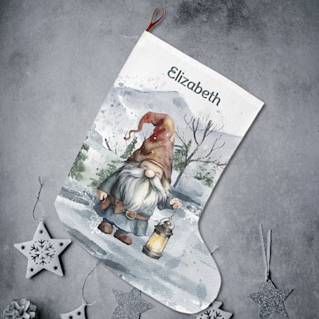Watercolor Winterweihnachtsgnome Personalisiert Großer Weihnachtsstrumpf (Watercolor Winter Christmas Gnome Stocking)