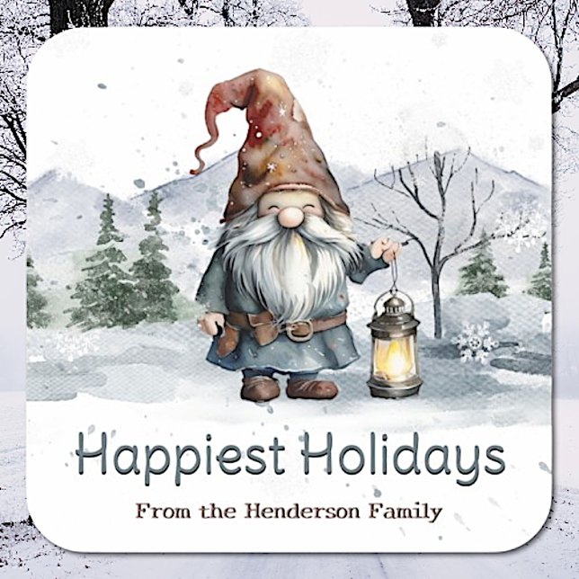 Watercolor Winterweihnachtsgnome Personalisiert Quadratischer Aufkleber (Watercolor Winter Christmas Gnome Personalized Square Sticker)