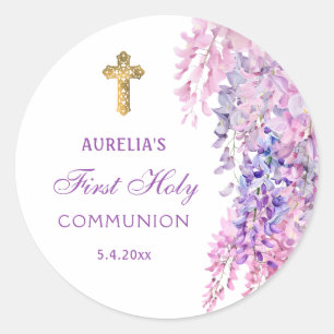 Watercolor-Wisteria-Erstkommunion-Rundaufkleber Runder Aufkleber