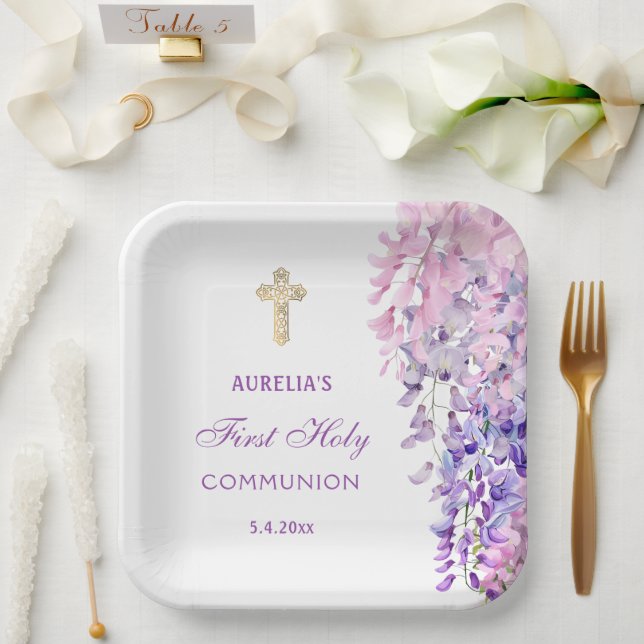Watercolor Wisteria First Communion Pappteller (Hochzeit)