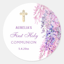 Watercolor Wisteria First Communion Round Sticker