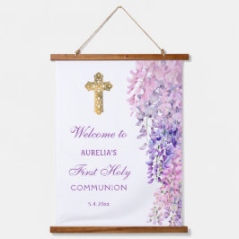 Watercolor Wisteria First Communion Welcome Wandteppich Mit Holzrahmen