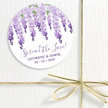 Watercolor Wisteria Wedding Spread The Liebe Scrip Runder Aufkleber<br><div class="desc">Watercolor Wisteria Wedding Spread The Liebe Script Fevor Stickers bietet elegante Aquarell Wisteria Blume in weicher Lavendel und lila mit grünen Blätter auf einem weißen Hintergrund mit Ihrer Hochzeitsdankbotschaft und das Datum unten. Auf der anderen Seite ist eine weiche Linke. Personalisieren Sie den Text in den Textfeldern, indem Sie ihn...</div>