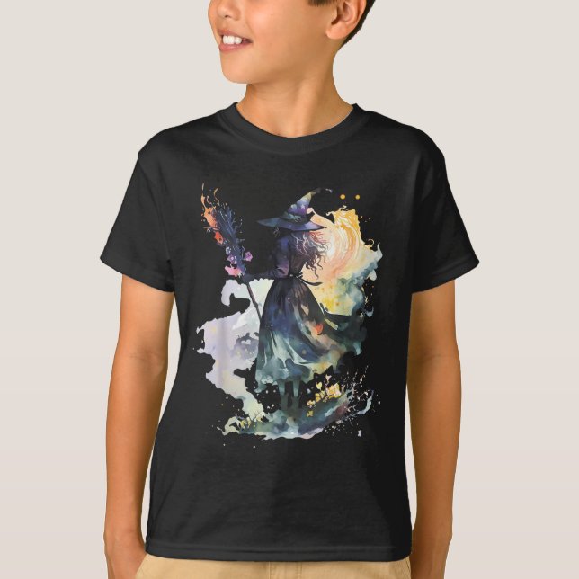 Watercolor Witch Halloween Fall Autumn Art Paintin T-Shirt (Vorderseite)