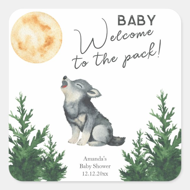 Watercolor Wolf Baby Shower  Quadratischer Aufkleber (Vorderseite)