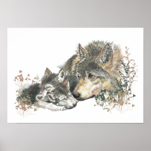Watercolor Wolf & Cub Tierart Poster