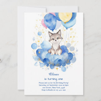 Watercolor Wolf Einladung zum ersten Geburtstag