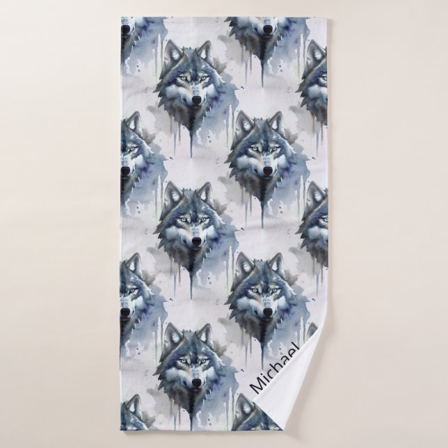 Watercolor Wolf Head Dusty Blue Badehandtuch (Badehandtuch)