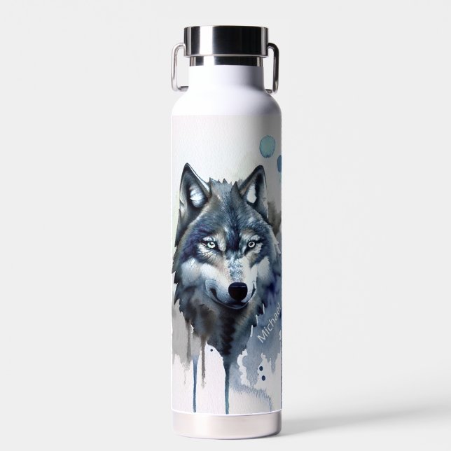 Watercolor Wolf Head Dusty Blue Monogram Trinkflasche (Vorne)