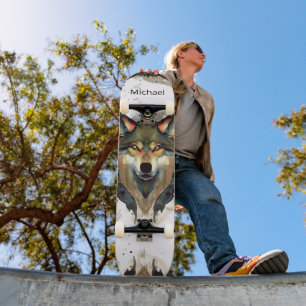 Watercolor Wolf Head Warme Tones Monogram Skateboard
