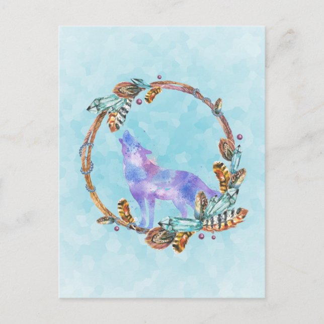 Watercolor Wolf Howling in einem Boho Style Kranz Postkarte (Vorderseite)