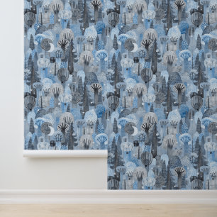 Watercolor Wolf im Winter Night Forest Blue Tapete