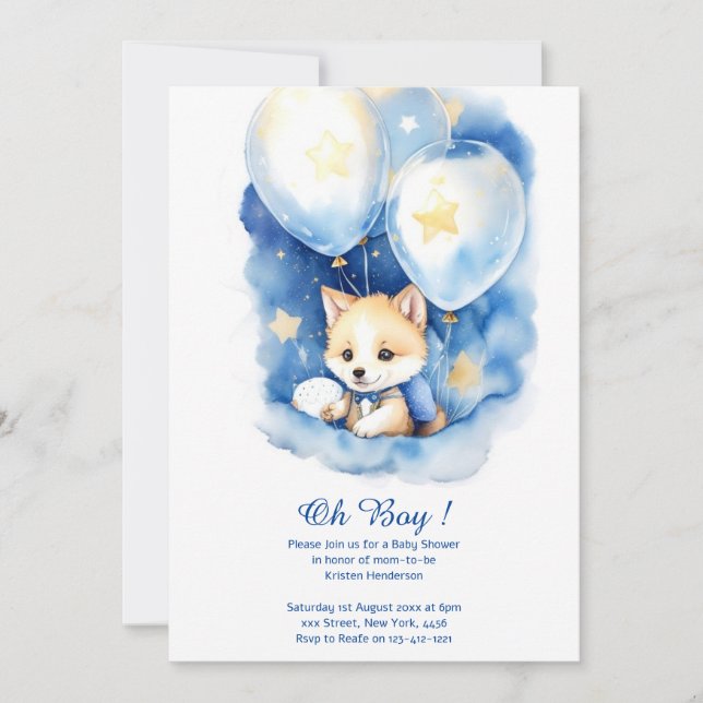 Watercolor Wolf Kinderdusche Einladung (Vorderseite)