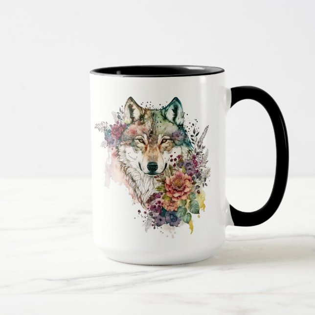 Watercolor Wolf mit Blume in der Tasse Natur (Rechts)