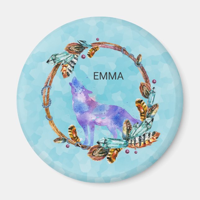 Watercolor Wolf mit Boho Style Wreath Custom Magnet (Vorne)