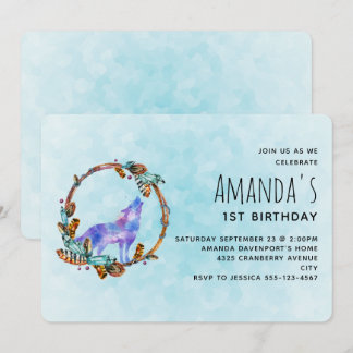 Watercolor Wolf mit Boho Style Wreath Geburtstag Einladung