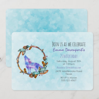 Watercolor Wolf mit Boho Style Wreath Geburtstag Einladung