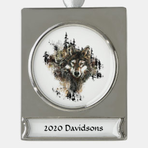 Watercolor Wolf Mountain Wilderness Parco Tassino Banner-Ornament Silber
