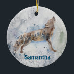 Watercolor Wolf Personalized Winter Keramik Ornament<br><div class="desc">Dieses Design wurde mit digitaler Kunst erstellt, es kann personalisiert sein, indem man die Option Anpassen wählt. Kontaktieren Sie mich unter colorflowcreations@gmail.com oder nutzen Sie die Chat-Option oben auf der Seite, wenn Sie dieses Design auf einem anderen Produkt haben möchten. Kaufen Sie meine originale abstrakte Acrylmalerei zum Verkauf unter www.etsy.com/shop/colorflowart....</div>