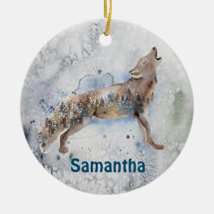 Watercolor Wolf Personalized Winter Keramik Ornament