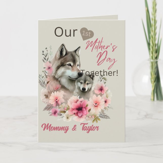 Watercolor Wolf & Pup Erster Muttertag Karte (Vorderseite)