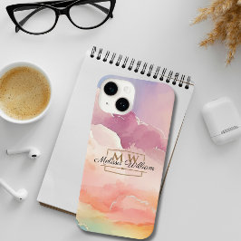 Watercolor Wolken Black Gold Monogram Name Script iPhone 14 Hülle