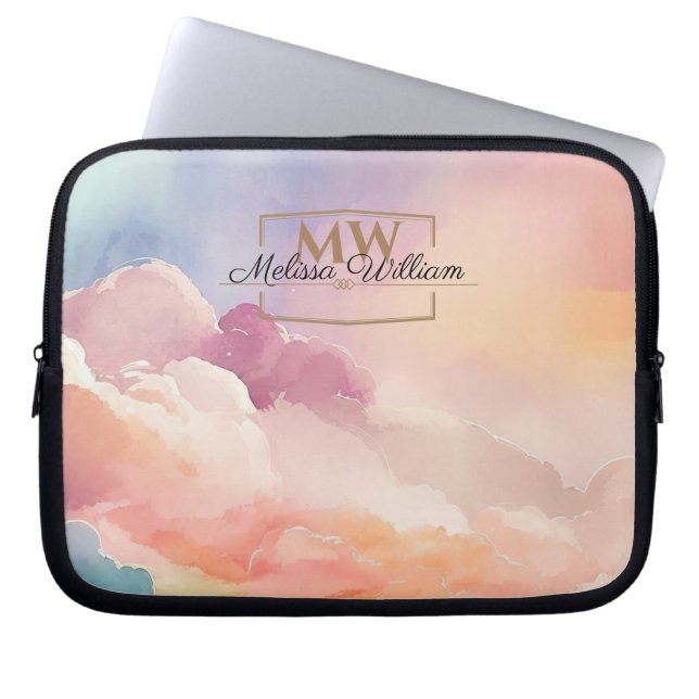 Watercolor Wolken Black Gold Monogram Name Script Laptopschutzhülle (Vorderseite)