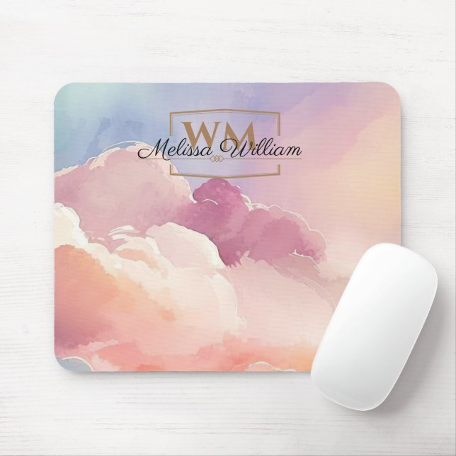 Watercolor Wolken Black Gold Monogram Name Script Mousepad (Mit Mouse)