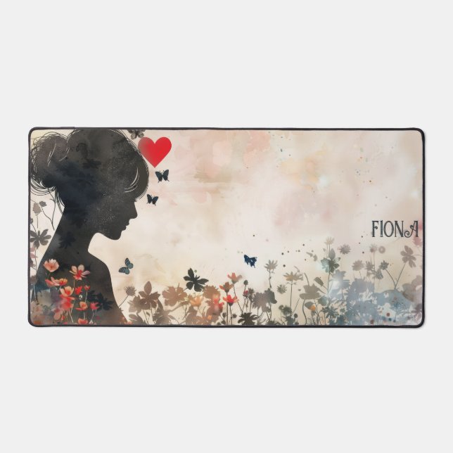 Watercolor Woman Silhouette with Hearts Schreibtischunterlage (Vorderseite)