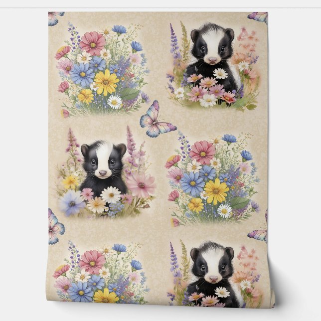 Watercolor Woodland Animal Baby Skunk Wilde Blume Tapete (Abrollen)