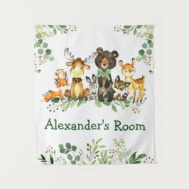 Watercolor Woodland Animals Green Bow Wandteppich