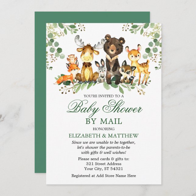 Watercolor Woodland Animals Kinderdusche per Post Einladung (Vorne/Hinten)